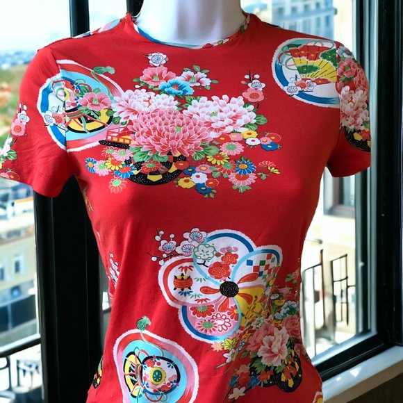 Vintage Floral Orange Short Sleeve Top Made in France Womens 31 Stretch … - Picture 4 of 10